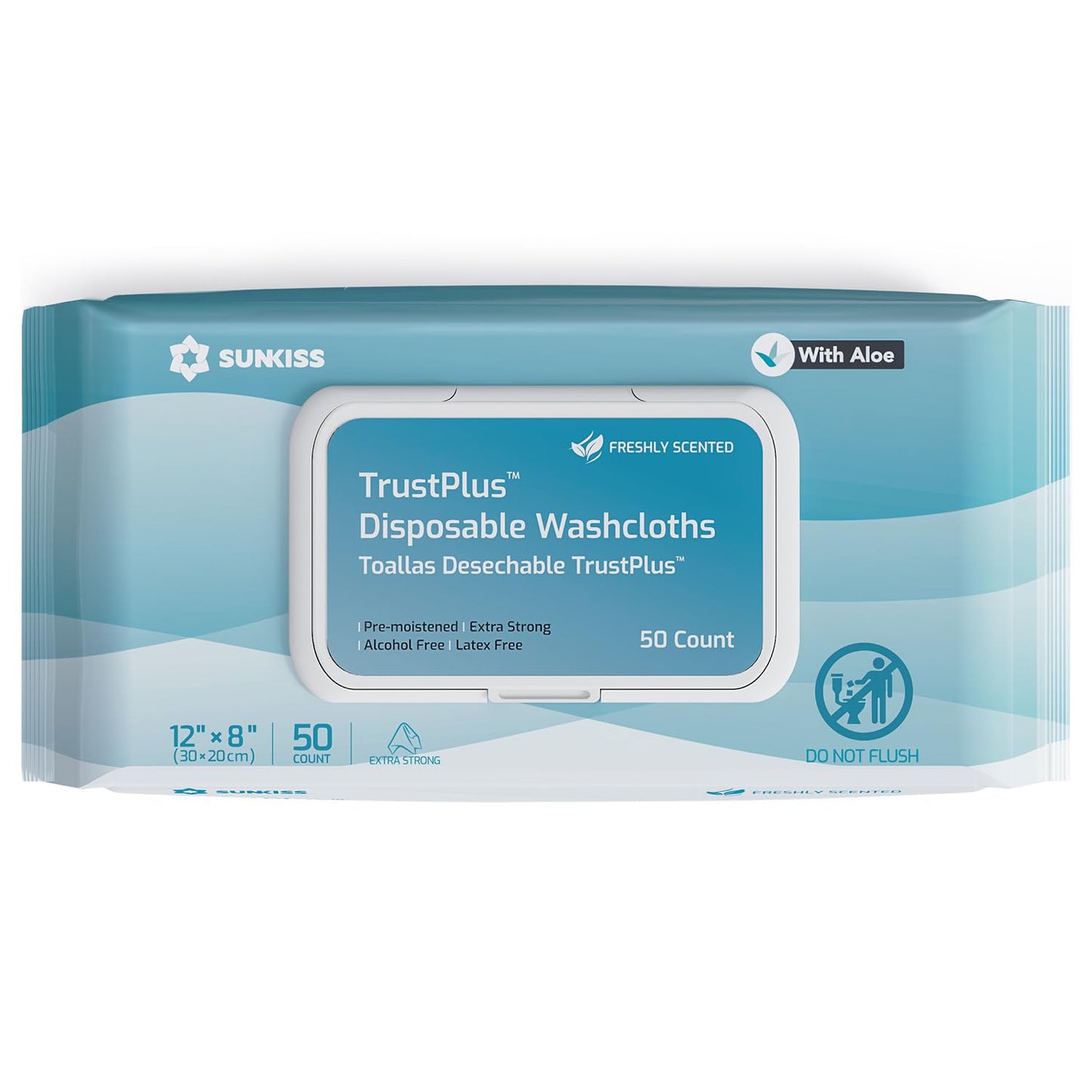 SUNKISS Trustplus Wet Wipes for Adult No Rinse, Extra Large 8”x12” Body Cleaning Washcloths for Elderly Incontinence & Cleansing, Fresh Scented, 50 Count