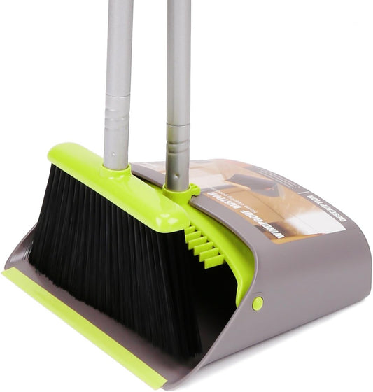 TreeLen Broom and Dustpan Set, TreeLen Broom with Dust Pan with Long Handle Combo Set for Office and Home Standing Upright Sweep Use with Lobby