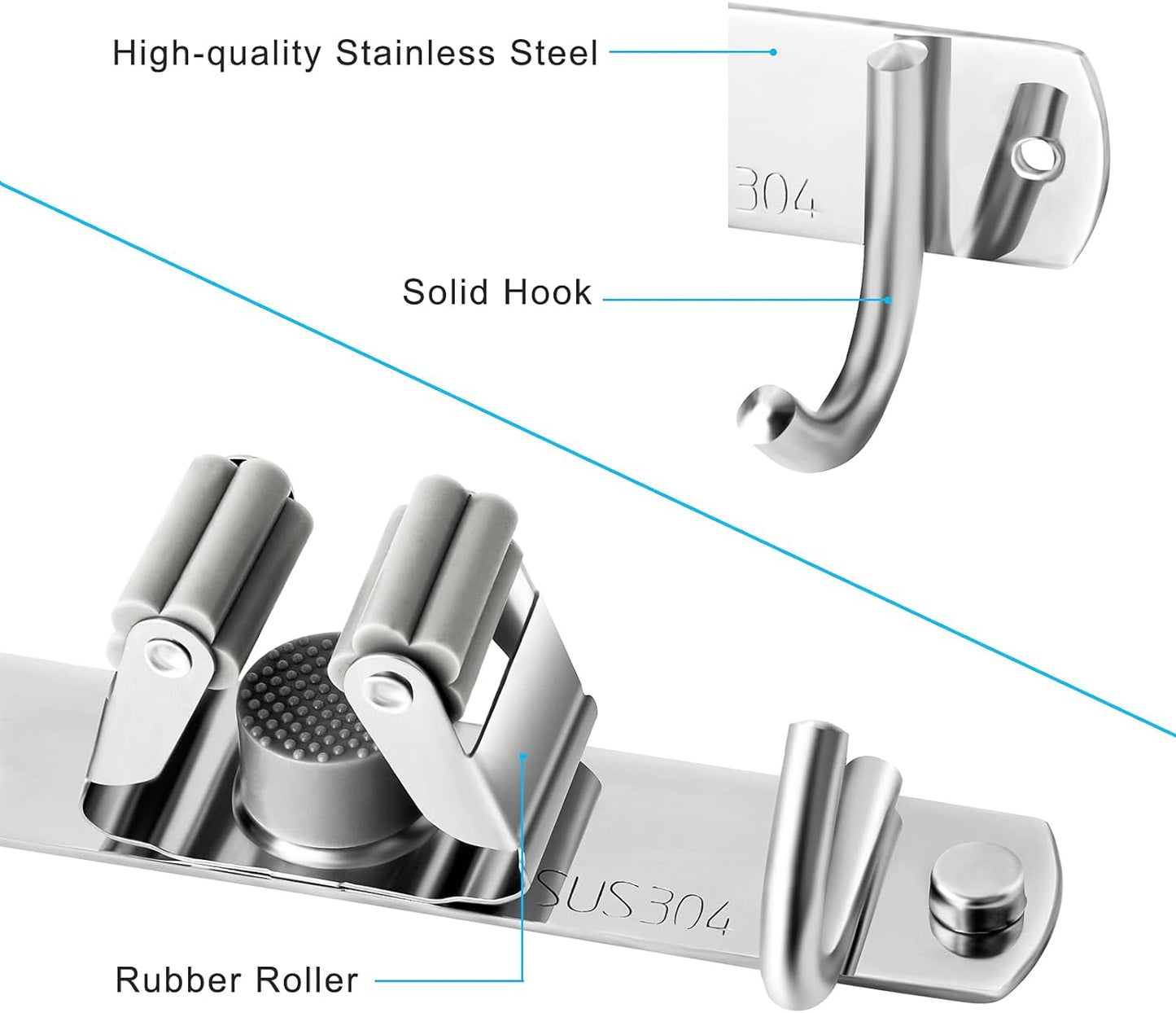 Mop and Broom Hanger Wall Mount, stainless steel Broom Hook Organizer Wall Mounted, Heavy Duty Mop Holder Storage Rack - 3 Racks 4 Hooks for hanging brooms and mops