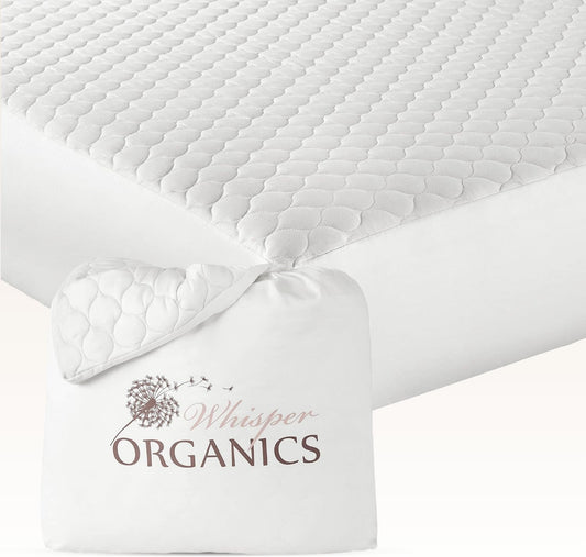 100% Cotton Organic Mattress Pad - Breathable & Cooling Mattress Protector King Size - Premium 300GSM Quilted and Noiseless Machine Washable Organic Mattress Protector (White, King)