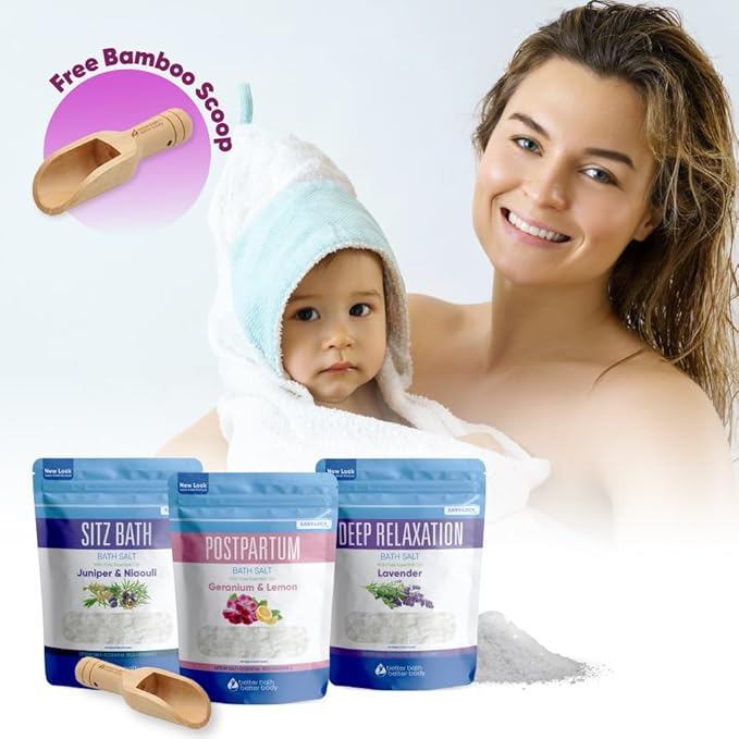 Postpartum Bath Bundle (3 Pack of 2 Lbs Total 6 Lbs with Scoop) Soothing Soaks with Sitz Salt and Deep Relaxation Bath Salt with Natural Pure Essential Oils in BPA Free Pouch Made in USA