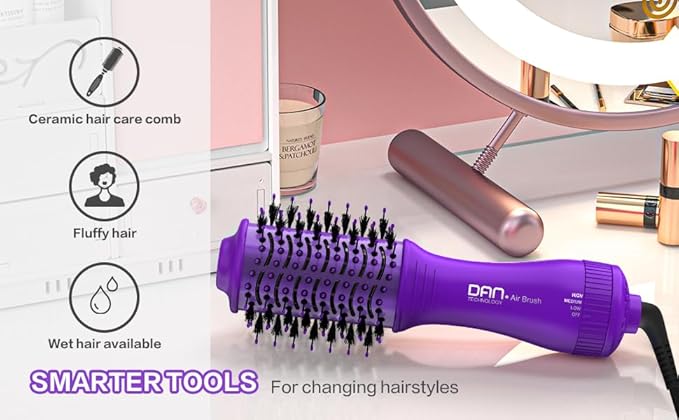 Dan Technology Blow Dryer Brush Hair Dryer Brush Hot Air Blowout Brush 120V 3 Speeds Oval Shape Volumizer Straightener Brush Faster Drying Mini Size Lightweight (Purple)