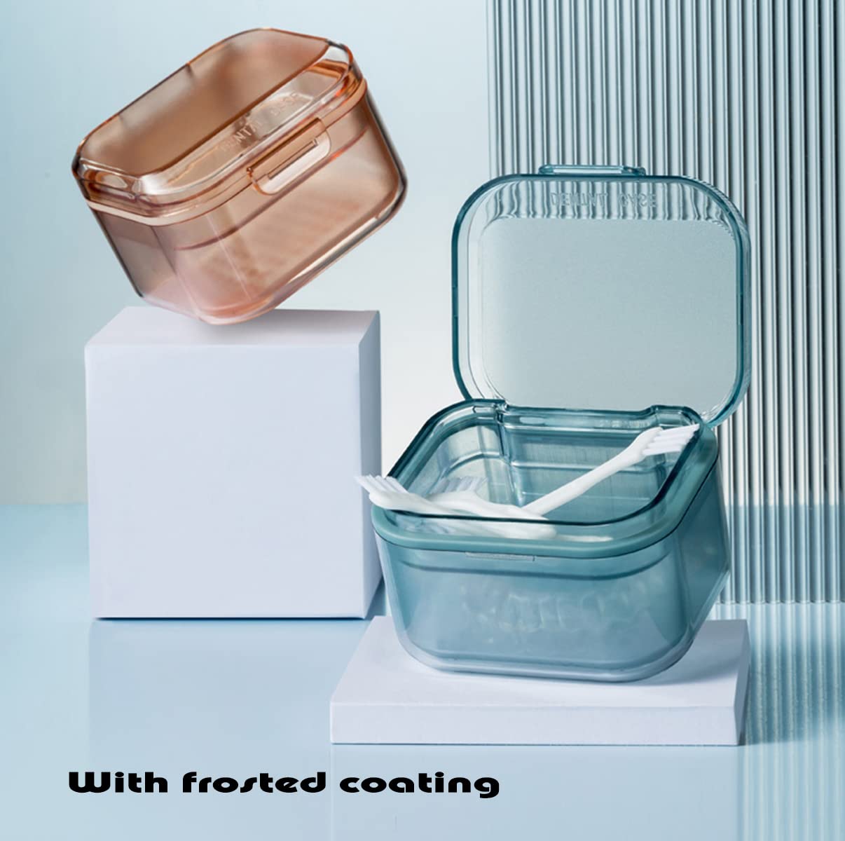 MURRI&MURRDI Retainer Case, Denture Bath Box with Strainer Basket, Mouth Guard Case, Braces Cleaner Cup, Cute Denture Cleaning Holder for Travel Retainer Storage Soak Container (B Blue)
