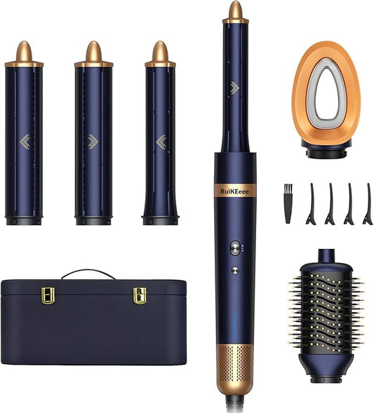 Hair Dryer Brush 6 in 1 Professional Hot Air Styler, Hair Curler Set for Curling, Fast Drying, Smoothing, Volumizing, Multi Hair Styling Tools with Travel Case - No Heat Damage - Prussian Blue