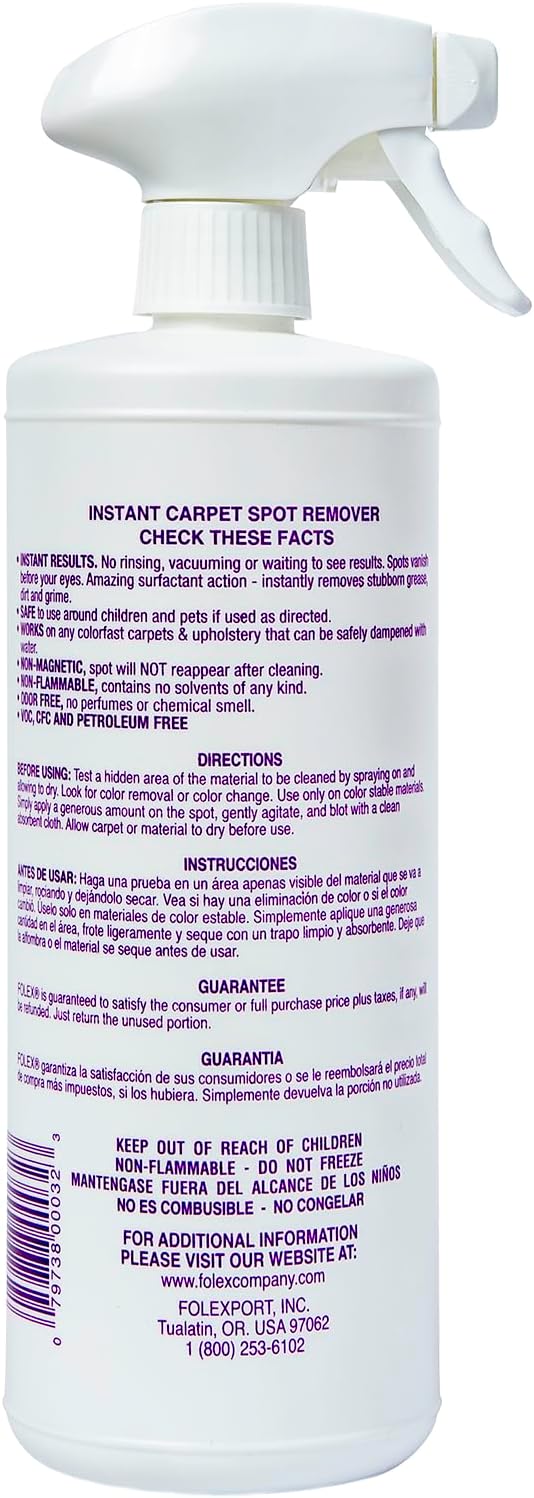 FOLEX Instant Carpet Spot Remover 32 oz – Powerful Stain Remover for Carpets, Upholstery & Rugs – Eliminates Pet Stains, Grease, Red Wine, Food, Makeup & More – With Reusable Cleaning Cloth – 3 Pack