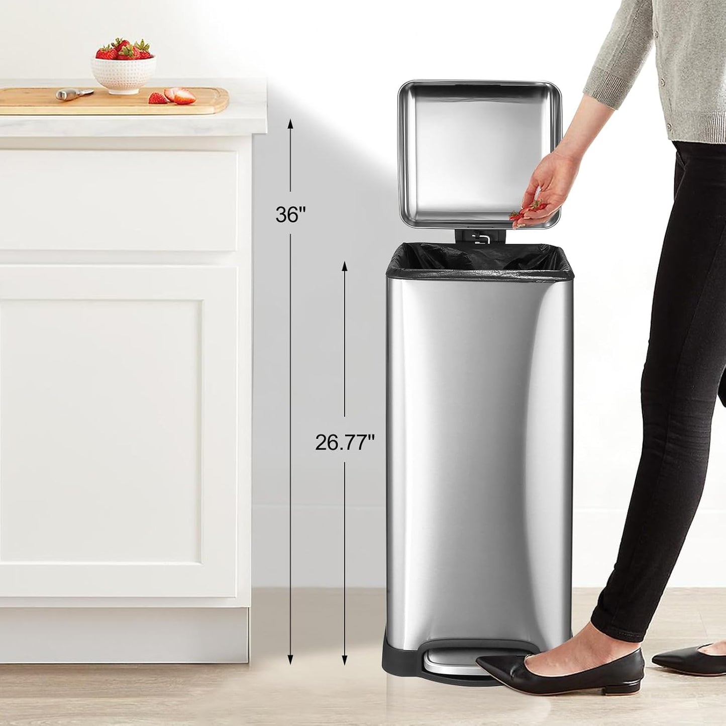 TrailBlaze 8Gallon / 30L Kitchen Trash Can, Stainless Steel Rectangular Pedal Recycle Bin with Soft-Close Lid, Removable Inner Bucket, Fingerprint-Proof, Step Trash Can for Home, Kitchen