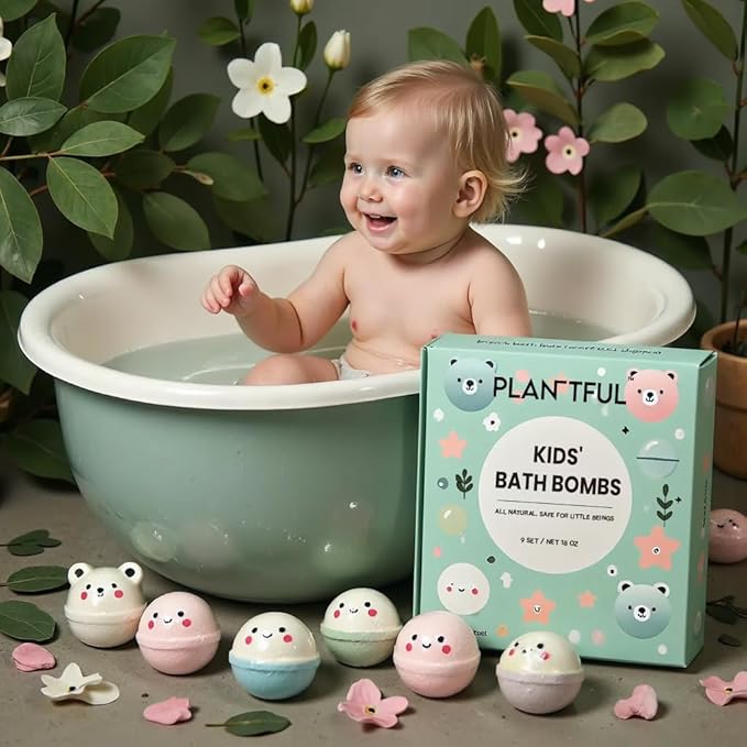 Plantful™ Natural Bath Bomb for Kids, Non-Toxic, Bubble podz, Fluffy Foam soap, Holiday Gifts, Bubble Bath Fizzy for Girls Boys, 9 Pack, Toddler, Pure Essential Oil