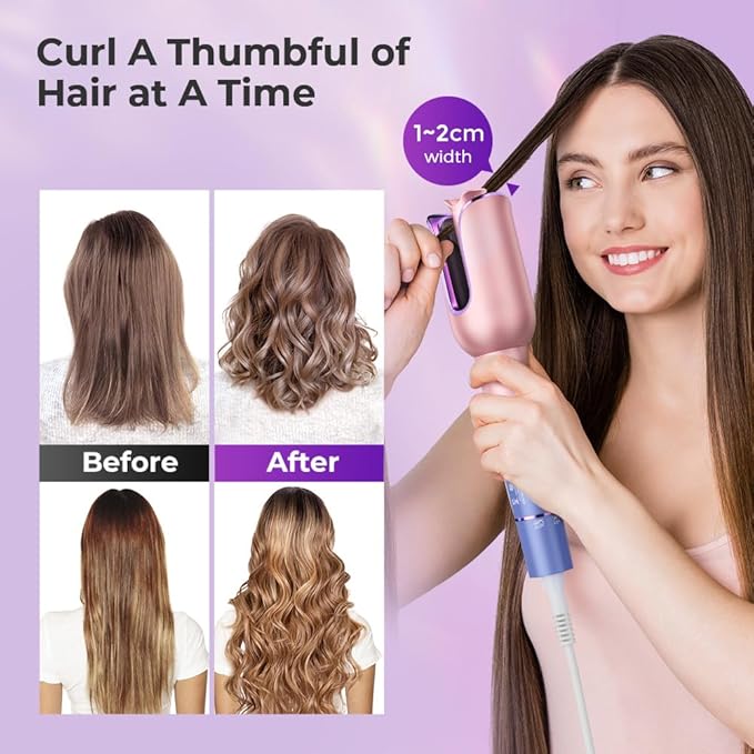 Automatic Curling Iron, Auto Hair Curler with 1" Rotating Curling Iron Barrel & 3 Temps, Anti-Scald & Anti-Tangle Curler Wand, Fast Heating Auto Curler for Hair Styling, Purple Pink
