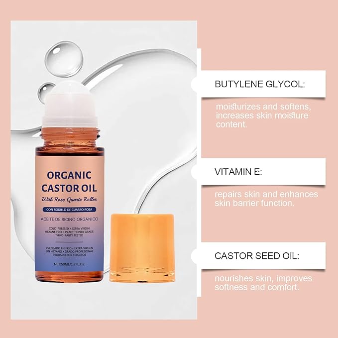 Organic Castor Oil with Rose Quartz Roller, Cold-Pressed, 100% Pure Natural Formula for Skin, Hair Care, Hexane-Free.1.7 Fl Oz
