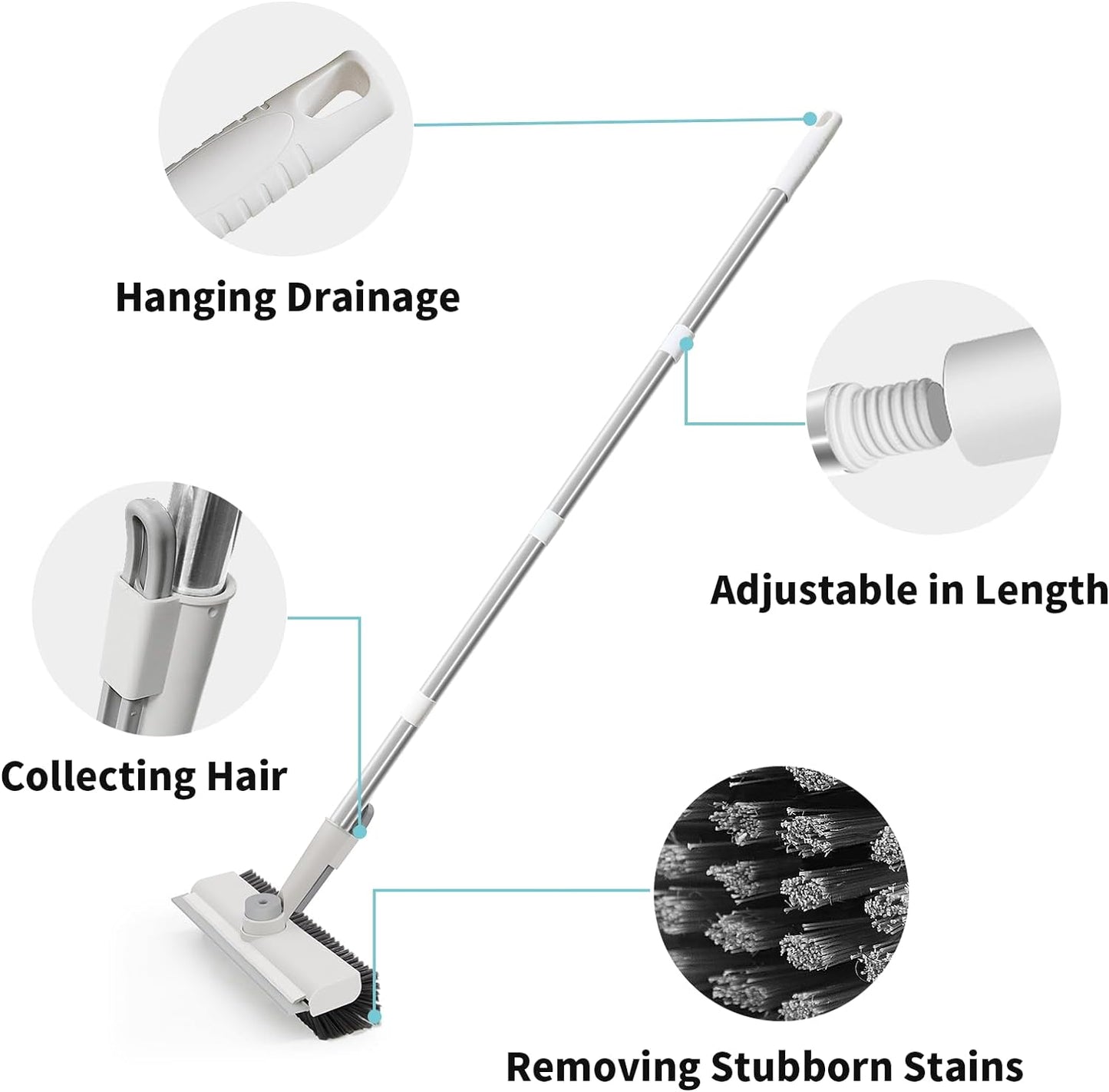 Floor Scrub Brush with Long Handle, 3 in 1 Scrape and Heavy-Duty Stiff Bristle Scrubber Brush for Cleaning Shower Bathroom, Patio, Garage, Kitchen, Wall and Deck (White, 2 Pack)