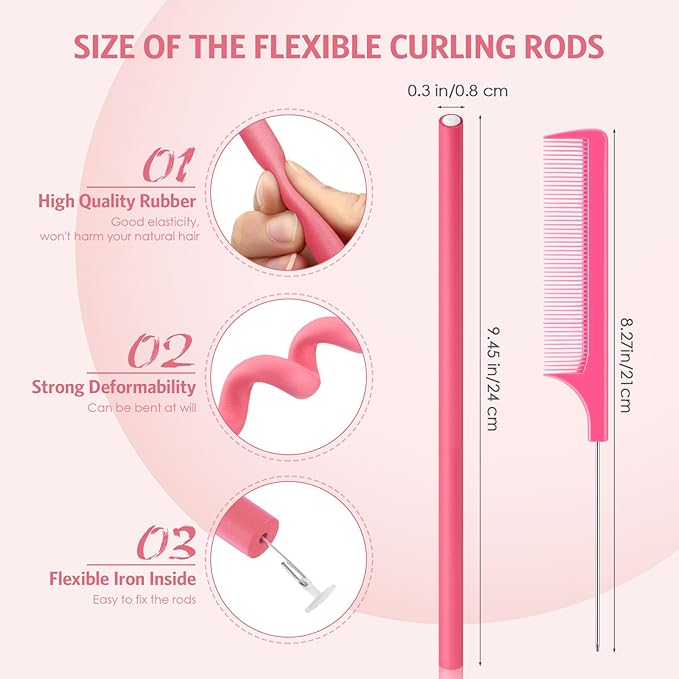 Chuangdi 20 Pcs Flexible Curling Rods Twist Foam Hair Rollers Soft Foam Hair Rods Rollers Curlers and Pintail Comb for Women Long and Short(0.31 x 9.4 Inch,Dark Pink)