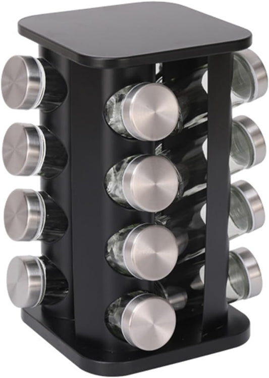 Spice Rack, Rotating Countertop Spice Rack Organizer, 16 Jars, Black, Stainless Steel