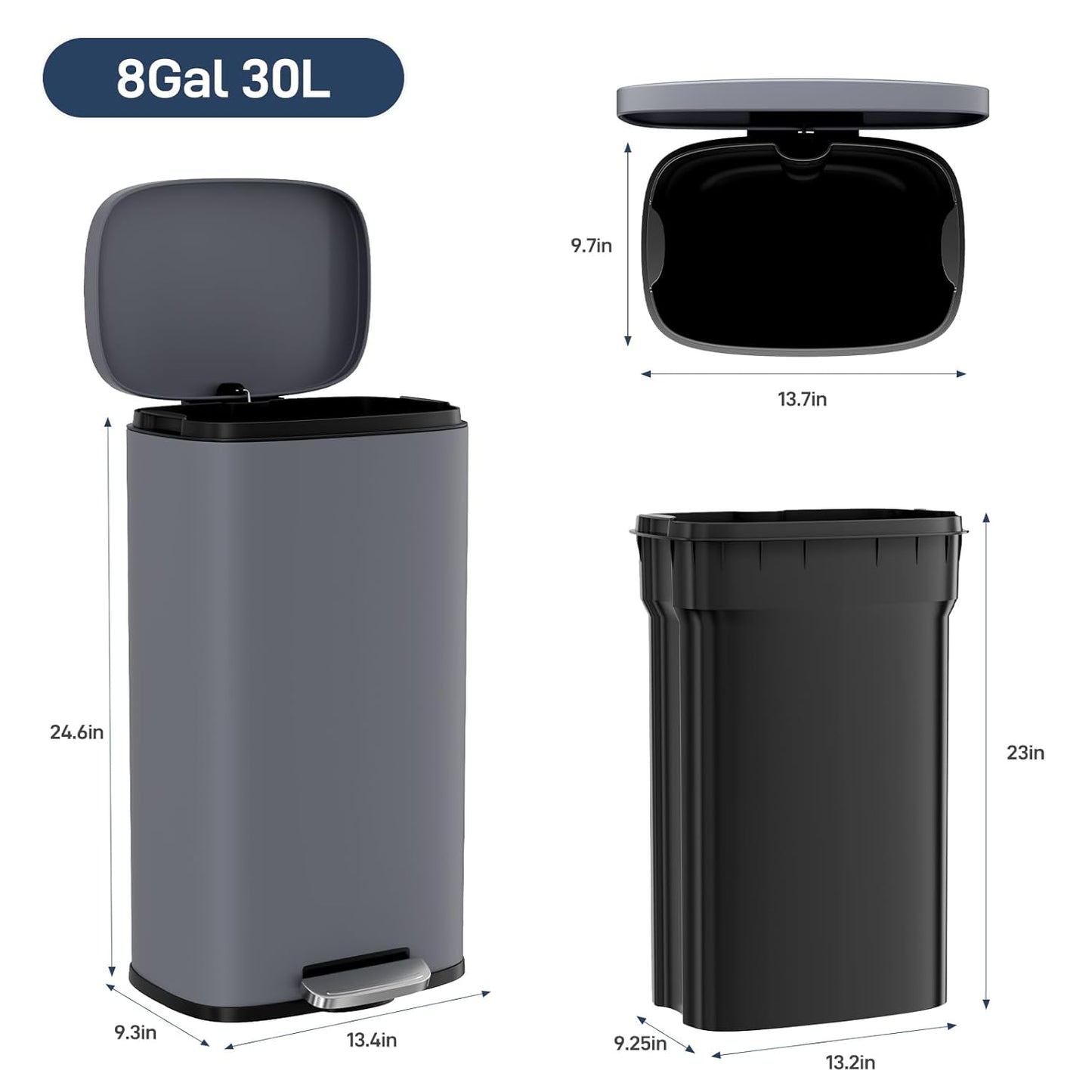 Arlopu 8 Gallon Step Trash Can, Stainless Steel Garbage Bin, Soft-Close Rubbish Bin with Removable Plastic Inner Bucket, Fingerprint-Proof, Lid Dustbin, Suit for Kitchen Home (Grey, 30L)