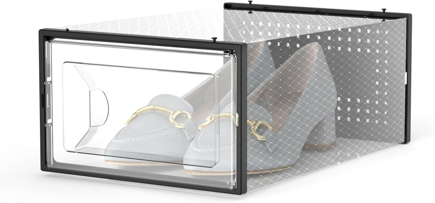 Kuject 15 Pack Shoe Storage Boxes, Clear Plastic Stackable Shoe Organizer for Closet, Connect Left and Right Shoe Boxes Case Container Bin for Entryway, Drop Front, Fit for Size 10(Black)