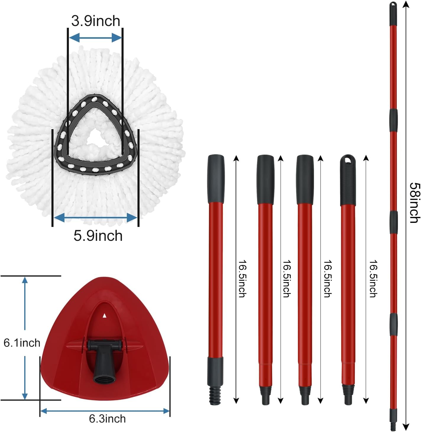 Mop Replace Heads Mop Handle and Mop Base Replacement for O Cedar EasyWring 1-Tank Spin Mop System, 2 Microfiber Mop Head Refills, 4-Section Iron Mop Handle 30-58in and 1 Mop Head Cover Set(No Bucket)