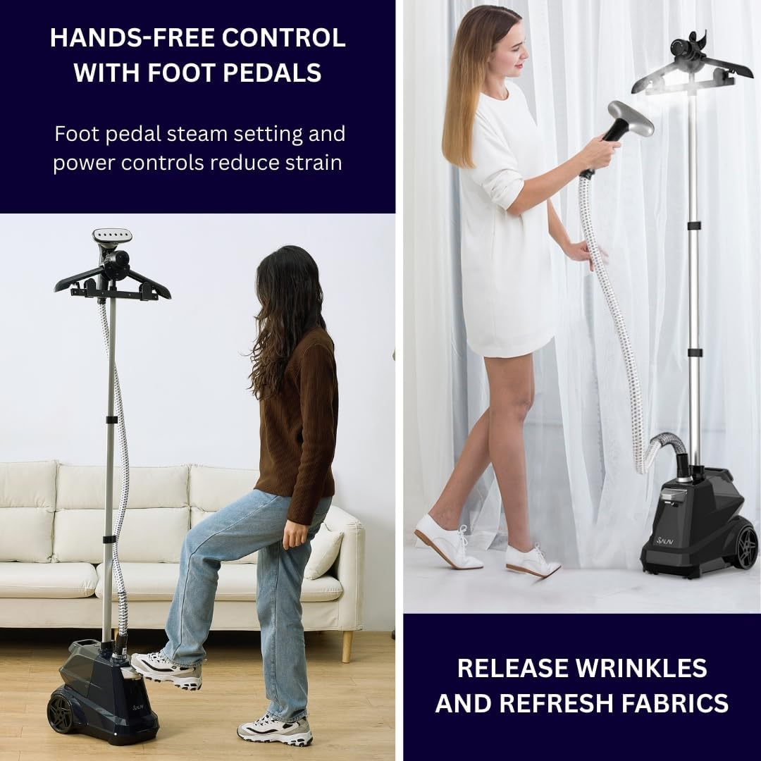 SALAV Commercial-Grade Standing Garment Steamer for Clothes with Auto-Off Safety 1800W Powerful Steam X-Large 3L Water Tank, 90-Min Continuous Use, Pedal-Control System, Beeps when Out of Water, Navy