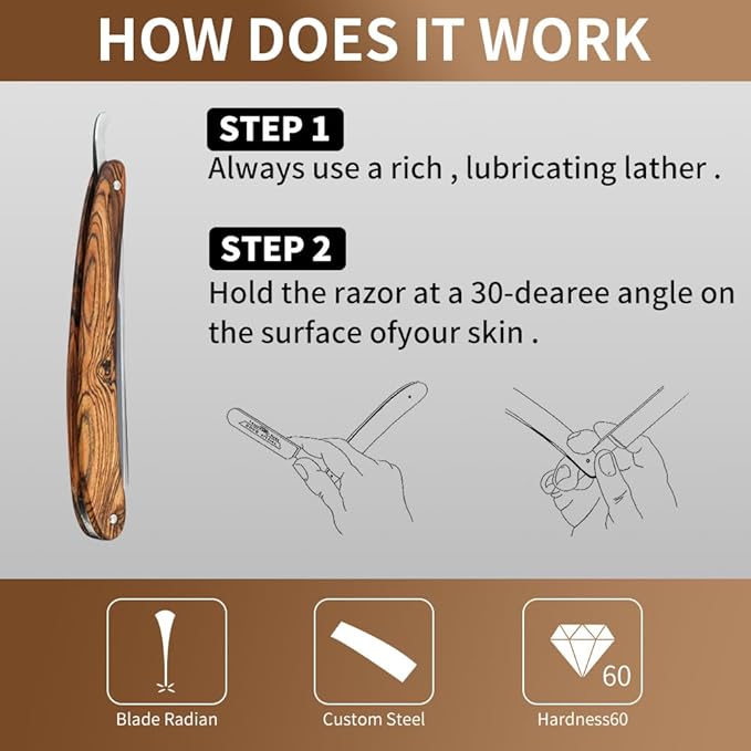 Straight Razor Wooden Handle Shave Ready for Men Barber,Straight Edge Razor Professional Carbon Steel Sharp Shaver for Men Home &Grooming Using