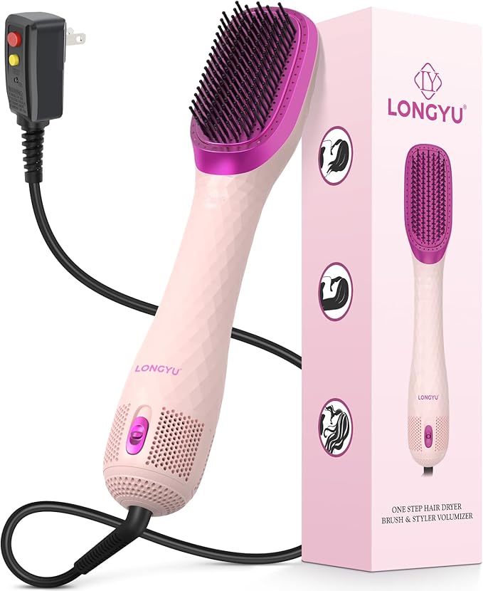 Longyu 3 in 1 Hair Blow Dryer Brush 1200W Negative Ionic Hot Air Brush with Ceramic & Tourmaline Technology One Step Hair Dryer and Styler for Straightening Drying Smoothing (Pink)