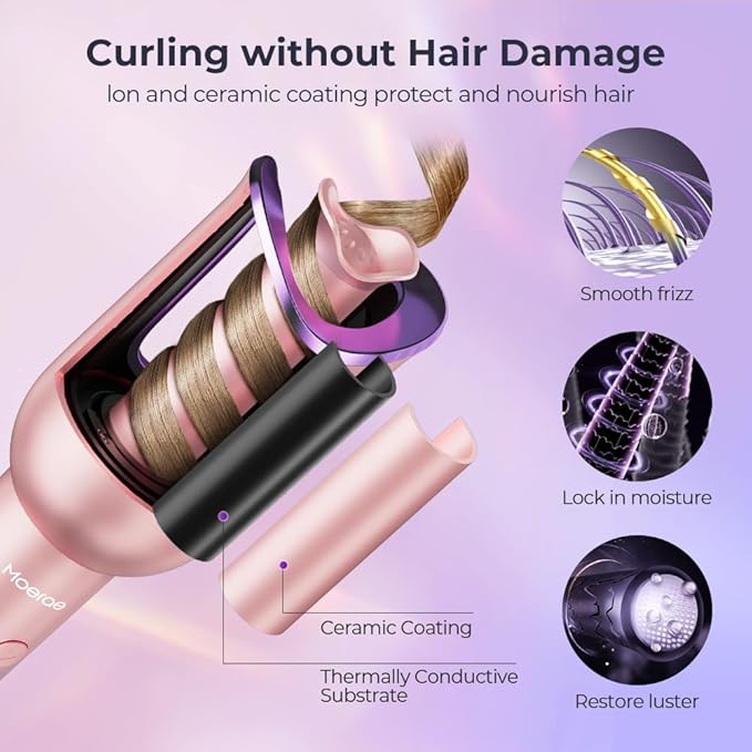 Automatic Curling Iron, Auto Hair Curler with 1" Rotating Curling Iron Barrel & 3 Temps, Anti-Scald & Anti-Tangle Curler Wand, Fast Heating Auto Curler for Hair Styling, Purple Pink