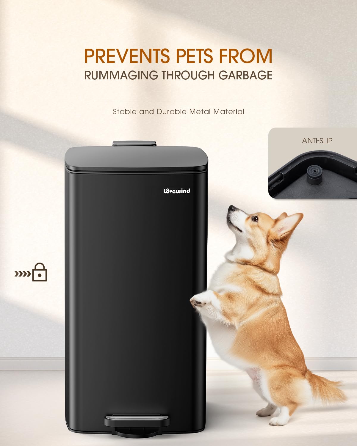 Lovewind Kitchen Trash Can with Lid, 8 Gallon/30 L Footstep Garbage Can for Kitchen Bedroom Home Office, 30 Liter Trash Bin Brushed Stainless Steel Waste Bin with Soft-Close Lid,Black