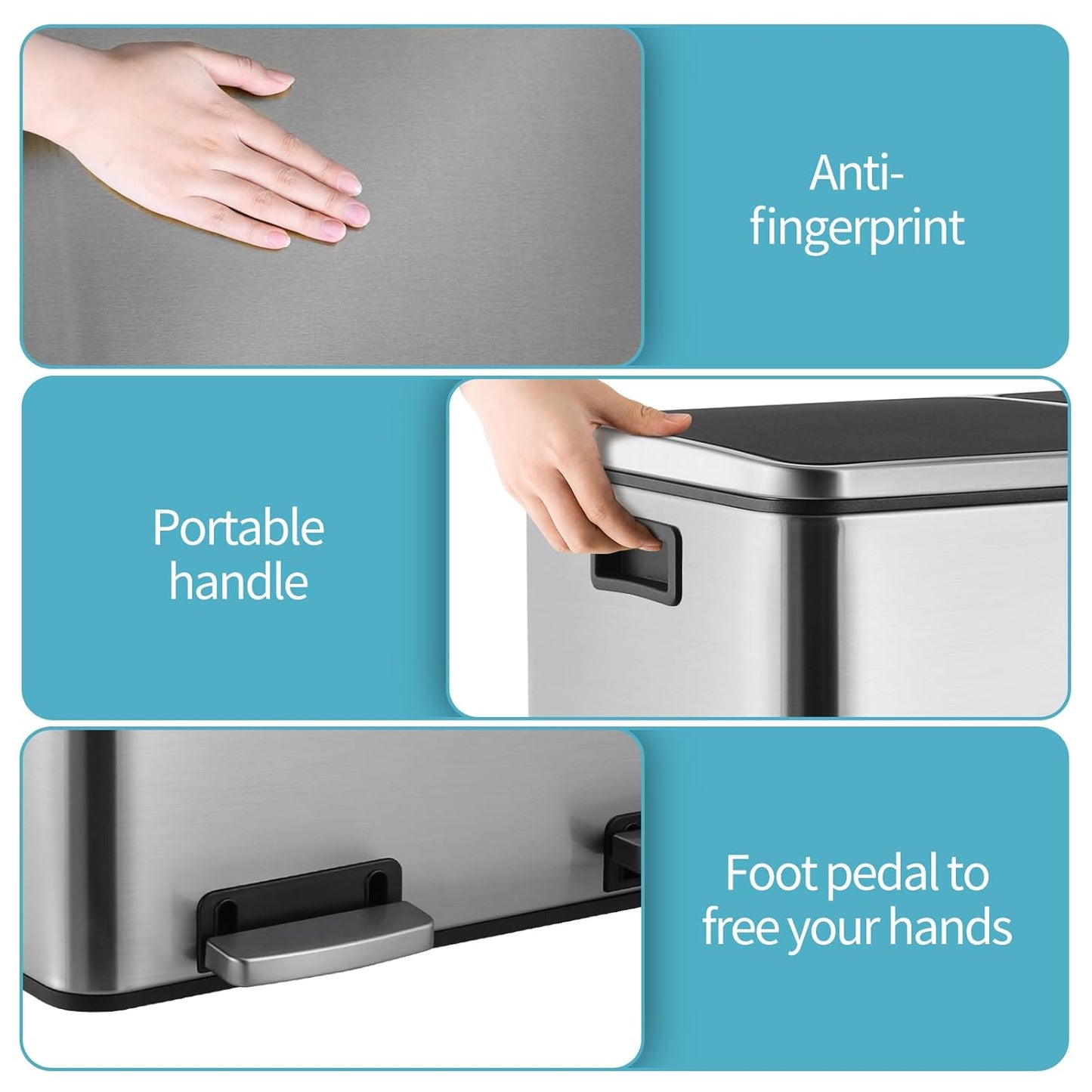 16 Gallon Rectangular Stainless Steel Trash Can, Dual Compartment Garbage Bin with Recycling Combo, Metal Dustbin Lid, Removable Liner, Indoor Hands Free Waste Bucket for Kitchen Home