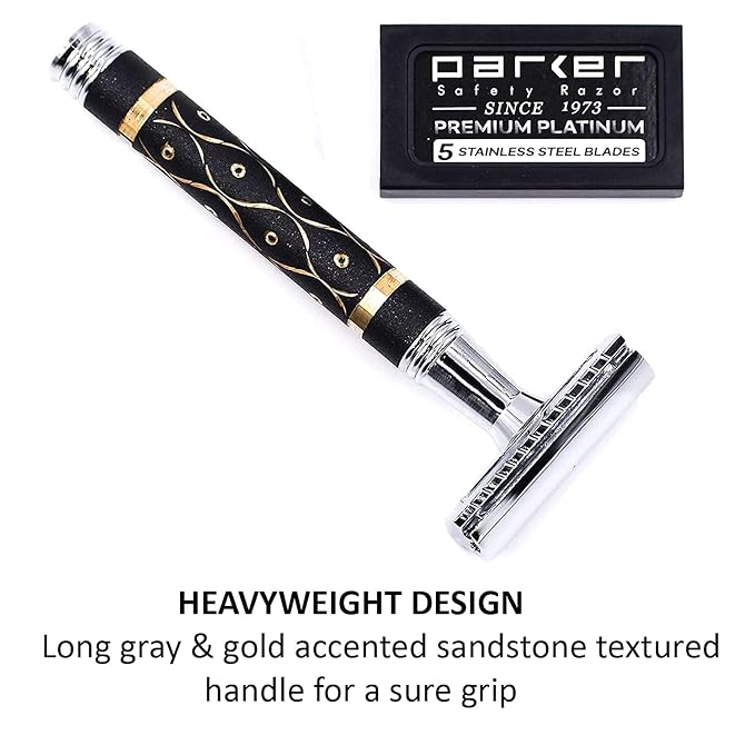 Parker 65R Super Heavyweight Double‑Edge Safety Razor – Sandstone‑Textured Brass Handle for Precise Grip & Control, 4" Long Handle – Includes 5 Premium DE Blades