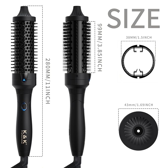 K&K Thermal Brush, 1.5 Inch Heated Round Brush, Professional Heated Curling Ceramic Tourmaline Ionic Curling Iron, Hot Styling Volumizing Tool, Dual Voltage Black