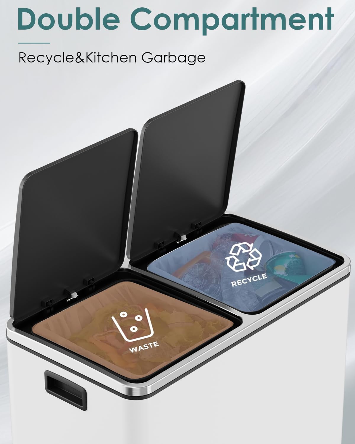 Arlopu 16 GallonStainless Steel Trash Can, 60L Dual Compartment, Metal Kitchen Step Recycle Bin, Metal Double Dustbin, in-Home Garbage Rubbish Can W/Removable Liner Buckets (White)