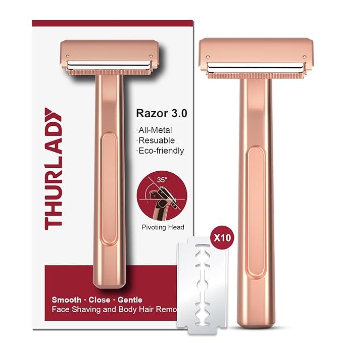 Razors for Women - Dual-Blade Safety Razor with Pivoting Head - Reusable Metal Shaving Razor, with 10 Double Edge Blades, Smooth Close Shave, Rose Glod