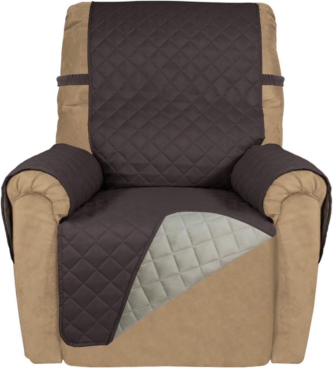 PureFit Reversible Quilted Sofa Cover, Water Resistant Slipcover Furniture Protector, Washable Couch Cover with Non Slip and Elastic Straps for Kids, Dogs, Pets (Small Recliner, Chocolate/Beige)