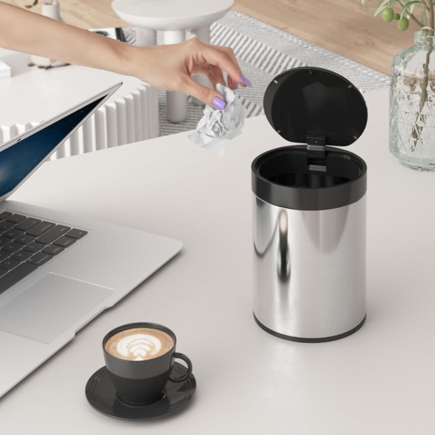 Mini Trash Can for Desk 0.4 Gallon,1.5L Stainless Steel mini Desk Trash can with Lid,Tiny Trash Can for Desk with 1 Roll Bags for Office, Home, Car,(Brushed Gray)