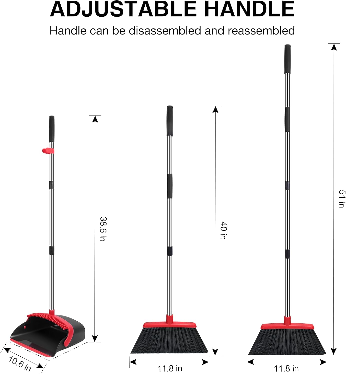 NACENA Broom and Dustpan Set, 52-in Long Adjustable Handle Broom Dustpan Combo with Dustpan Teeth to Automatically Clean Hair Suitable for Home Kitchen Office Hall Floor（Black&Red）