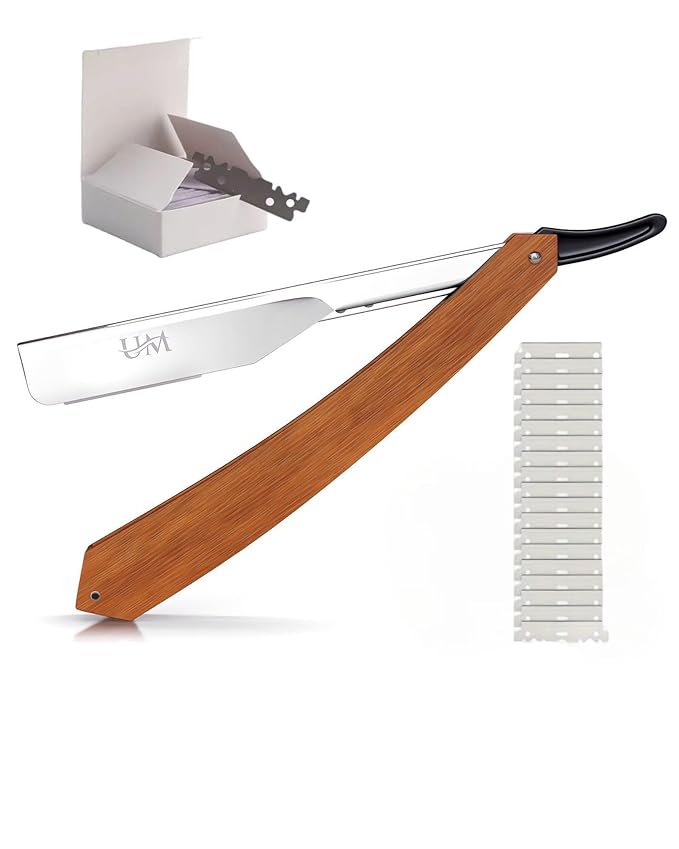 UM Supplies Straight Edge Razor with 100 Replaceable Single Edge Blades kit | Men's Straight Shaving Razors | Navajas para Barbero (Wooden Straight)