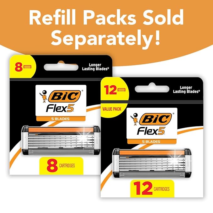 BIC Flex 5 Refillable Refill Razor Cartridges for Men, Long-Lasting 5-Blade Razors for a Smooth and Comfortable Shave, 8 Refill Cartridges