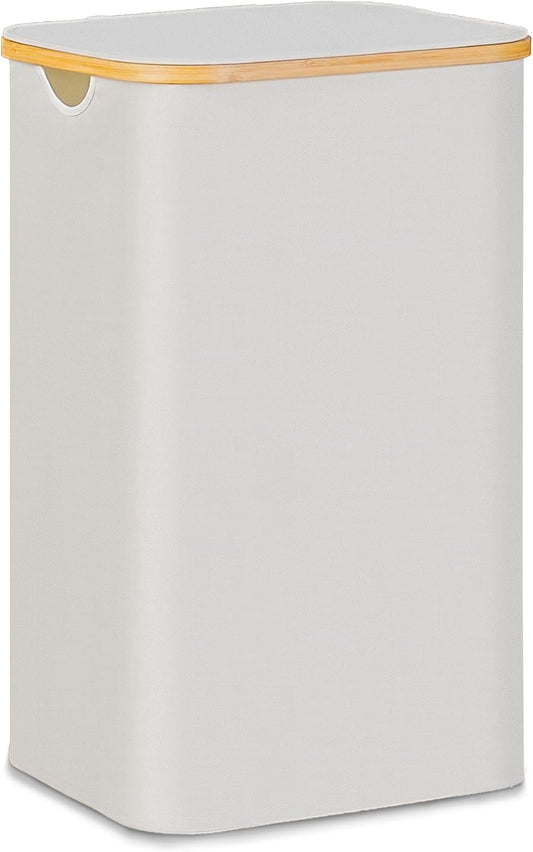 100L Laundry Hamper with Lid, Lagre Basket with Bamboo Handles,Foldable Clothes Hamper Tall Dirty Laundry Basket for Clothes Toys Towels Organizing,Beige