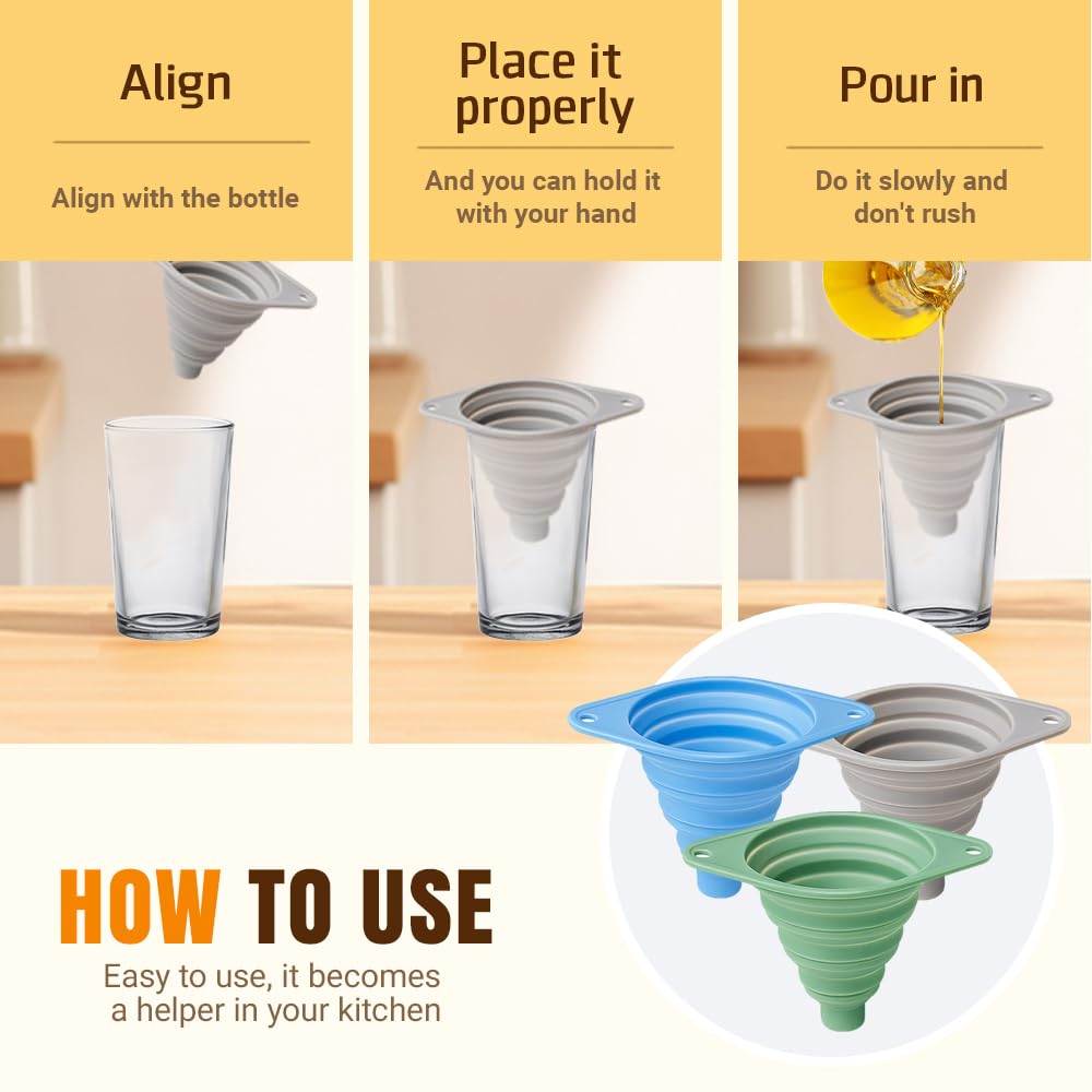 Kitchen Funnel Set, Wide-Mouth Foldable and Telescopic Design, Liquid Separation Funnel, Silicone (6 pcs)