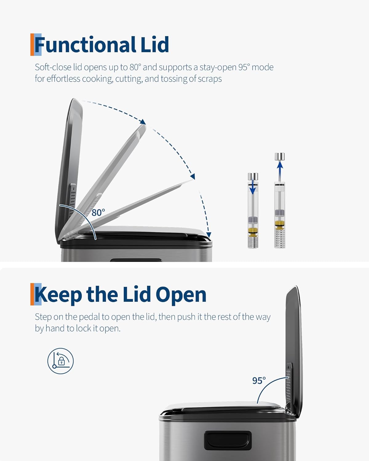 GarveeHome 2 x 8 gal Stainless Steel Double Trash Can with Lid for Kitchen, Large Dual Trash and Recycle Bin Combo, Step-on Kitchen Metal Garbage Cans, PP Inner Buckets, Liner Rim, Silver