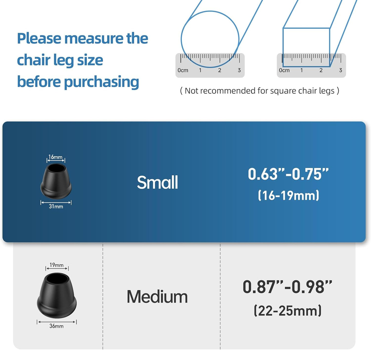 0.75 Inch Heavy Duty Rubber Chair Leg Caps - 8 PCS Non-Slip Furniture Floor Protectors with Metal Inserts for Wood, Tile, Carpet - Fits Chairs,Stools,Bar Stools