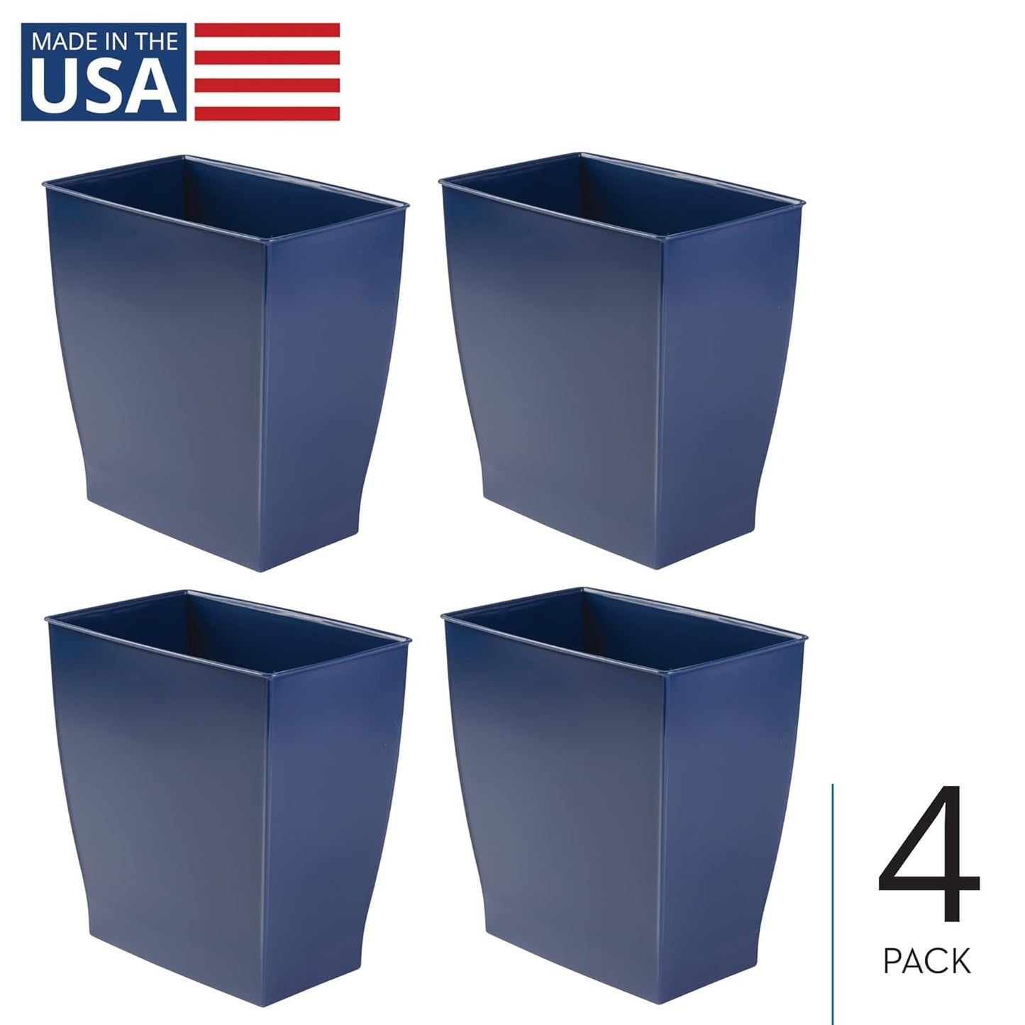 iDesign Small Rectangular Bathroom Trash Cans - Set of 4 - Navy Blue - Made in USA