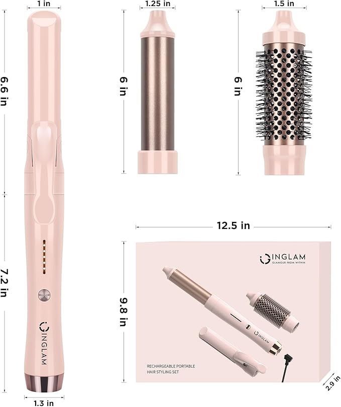 IG INGLAM 3 in 1 Cordless Detachable Hair Styling Set with 1'' Flat Iron, 1.25" Curling Wand, 1.5" Thermal Brush, Rechargeable Portable for Travel, Gift for Women
