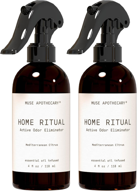 Muse Apothecary Home Ritual Active Odor Eliminator Spray - Furniture Deodorizer Spray & Bathroom Odor Eliminator for Home - Essential Oil Air Freshener - 4oz, Mediterranean Citrus, 2 Pack