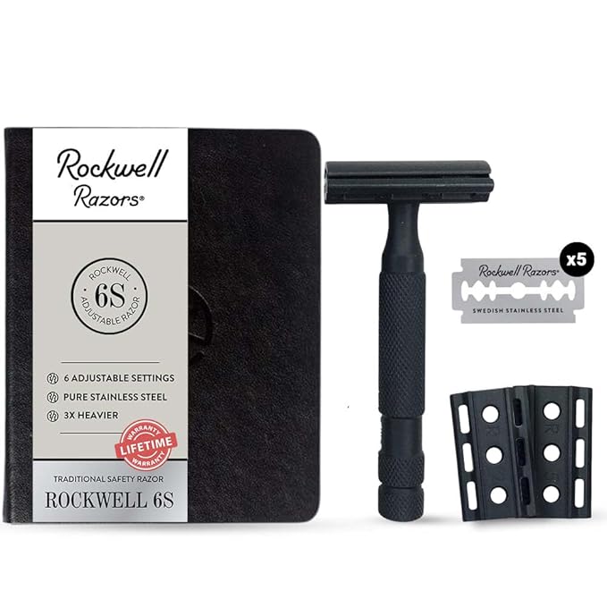 Rockwell Razors 6S Matte Black Safety Razor for Sensitive Skin. Reduces Razor Burn and Irritation. Comes with 6 Adjustable Shave Settings and 5 Recyclable Blades. Reusable Razor for Men and Women.