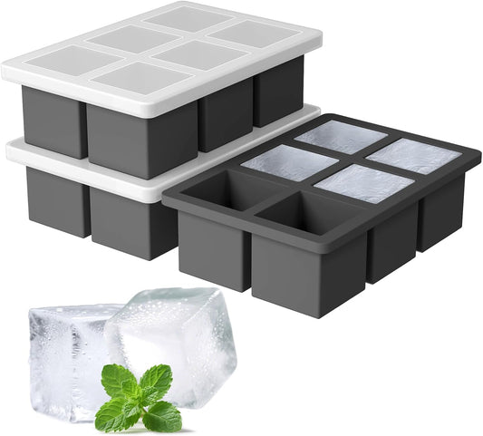 Large Silicone Ice Cube Tray 3Pack, SAWNZC Big Square Ice Cube Molds for Whisky Cocktail, Ice Maker Tray with Lid for Freezer, Easy Release (3, Black)