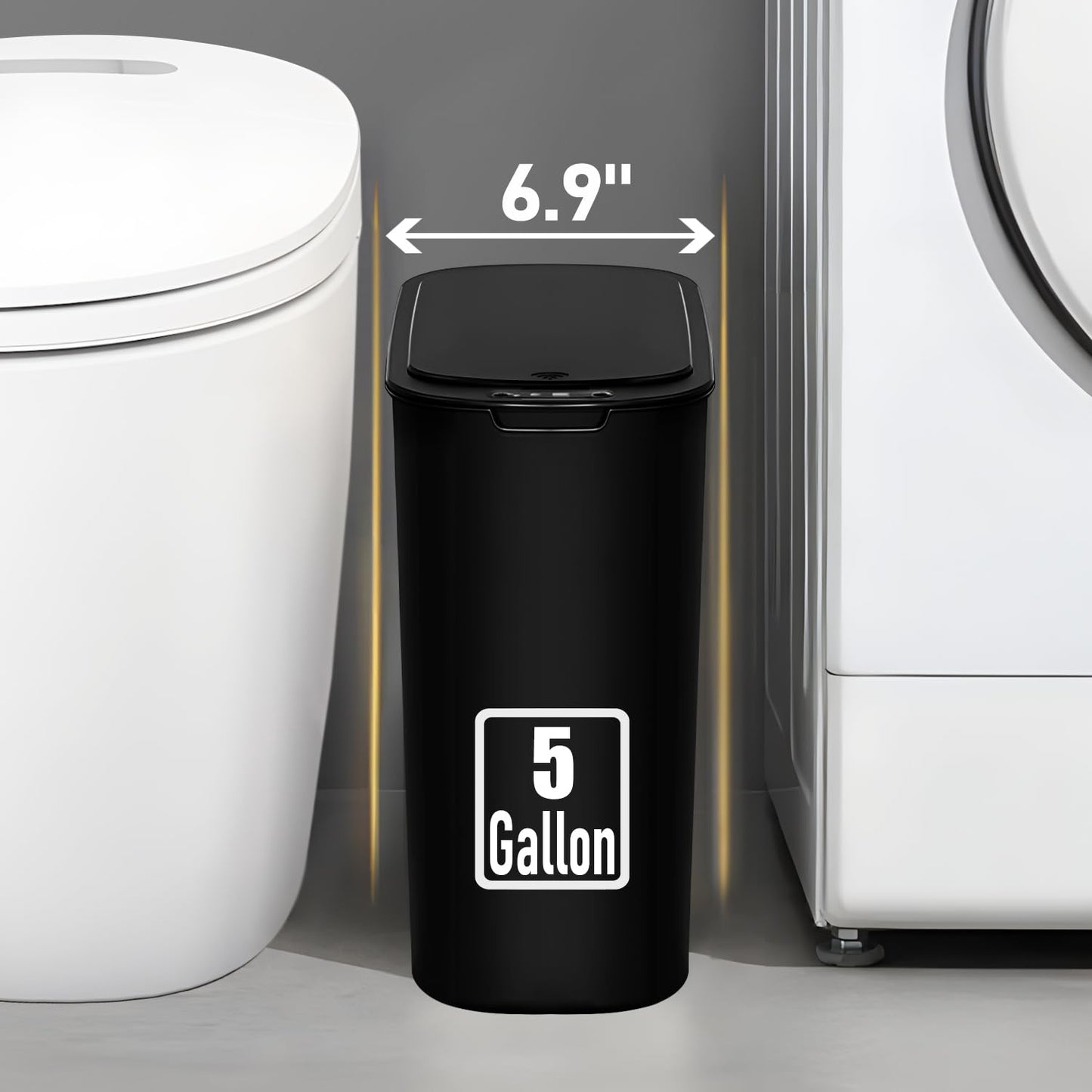 5 Gallon Motion Senor Bathroom Trash Can with Lid, Automatic Garbage Can Touchless, Smart Plastic Waste Basket for Narrow Spaces, Bathroom, Office, Bedroom, Living Room (Black)