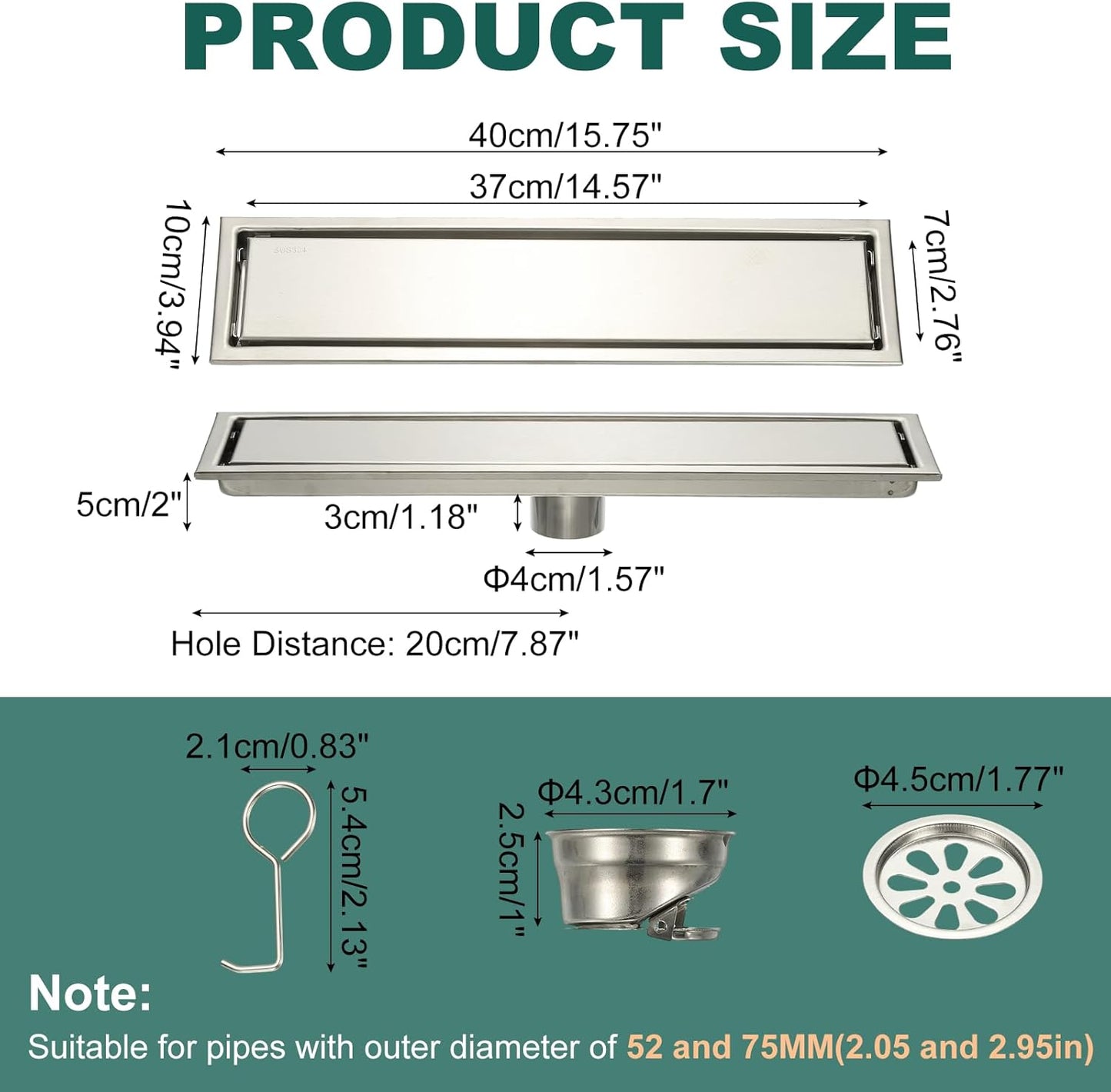 uxcell Rectangular Shower Drain, Brushed 304 Stainless Steel Odor-Proof Floor Drain Linear Shower Drain Hair Catcher for Bathroom Kitchen and Laundry Room(16 Inch, Bright Silver)