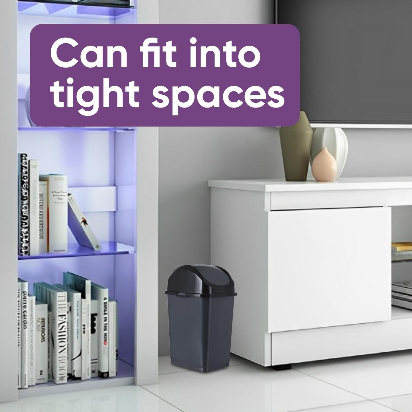 Superio Small 2.5 Gallon Plastic Trash Can with Swing Top Lid, Compact Slim Waste Bin for Under Desk, Office, Bedroom, Bathroom, Dorm Room, 10 Qt. Portable Garbage Can (Dark Grey, 2 Pack)