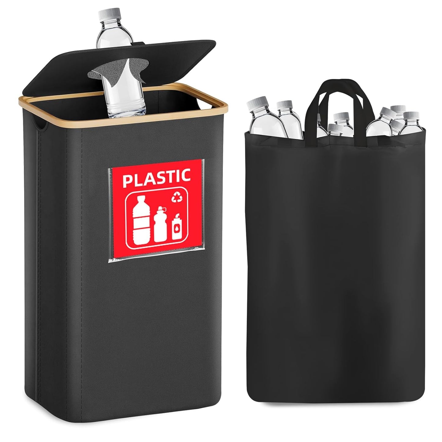 Recycling Bin for Kitchen 26 Gallon 100L, Indoor Recycle Bins with Lid, Hands-Free Access, Sorting Cards for Paper Plastic Glass Metal, Collapsible Waterproof Waste Bin