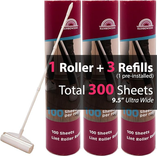 RainbowZone Large Lint Rollers plus 3 Rolls 9.5'' Extra Wide Total 300 sheets Giant Lint Roller Refills with 3 Extendable Long Handle for Pet Hair Removal and Household Cleaning (1 Roller + 3 Refills)