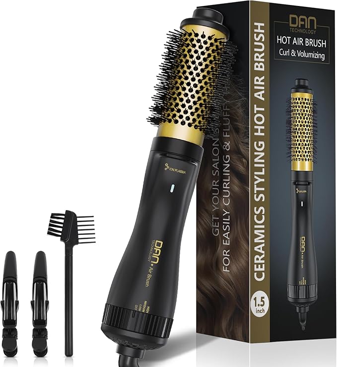 Dan Technology Blow Dryer Brush 1.5 Inch Round Blowout Brush 4-in-1 Hot Air Hair Dryer Brush & Styler, Comb, Straightener & Curler with Titanium & Ionic (Black-Gold)