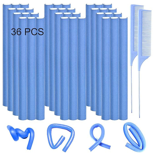 36 Flexi Rods Hair Rollers, Flexible Foam Curling Rods for Long & Short Hair Twist - No Heat Bendy Rollers with 2 Steel Pintail Combs